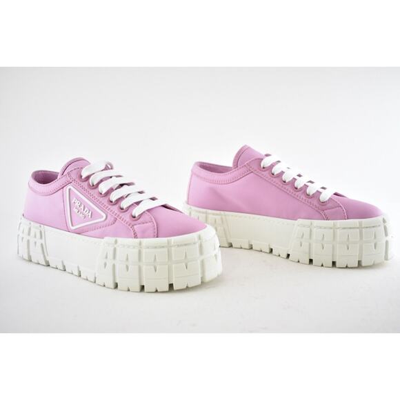 Prada Pink Nylon White Platform Lug Sole Lace Flat Low Top Trainer Sneaker 37.5 - Picture 2 of 10